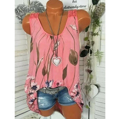 Women's Fashion - Back Hollow Lace Blouse Round Neck Floral Print Sleeveless Casual Tank Tops (S-5XL)