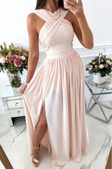 Women's Crossover Halter Neck Dress Sleeveless Cut Out Backless Side Split Solid Flowy Maxi Dresses