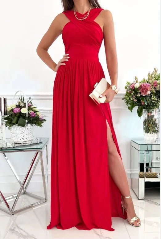 Women's Crossover Halter Neck Dress Sleeveless Cut Out Backless Side Split Solid Flowy Maxi Dresses