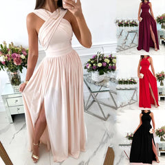 Women's Crossover Halter Neck Dress Sleeveless Cut Out Backless Side Split Solid Flowy Maxi Dresses