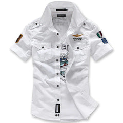 Men Casual Solid Color Thin Short Sleeve Work Shirt Military Shirt Blouses