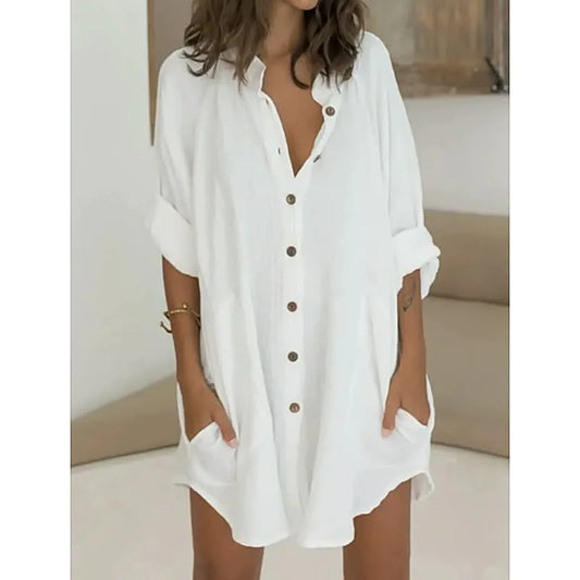 Casual Loose Plain 3/4-sleeve Straight Cut Single-breasted Shirt Dress