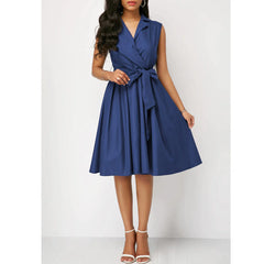 Solid Color Waist-Tie Sleeveless Turn-Down Collar Polo Neck Mid-Length Dress