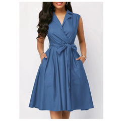 Solid Color Waist-Tie Sleeveless Turn-Down Collar Polo Neck Mid-Length Dress