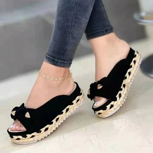 New Summer Women Sandals Fashion Casual Ladies Slippers Bowknot Platform Slippers Women Plus Size Woven Belt Sandals