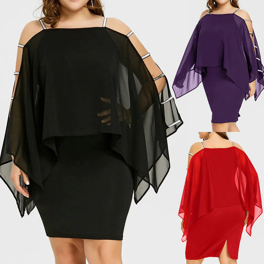 Plus Size Solid Color Off-Shoulder Irregular Chiffon Dress