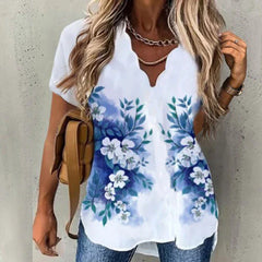 Summer Women's Temperament New Explosive Wave Collar Shirt Printed Short-sleeved Women