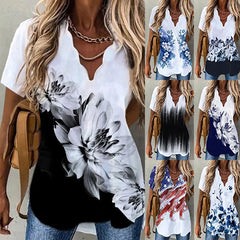 Summer Women's Temperament New Explosive Wave Collar Shirt Printed Short-sleeved Women