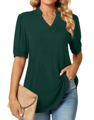 Women's Puff Short Sleeve Tops Dressy Casual V-Neck Blouse