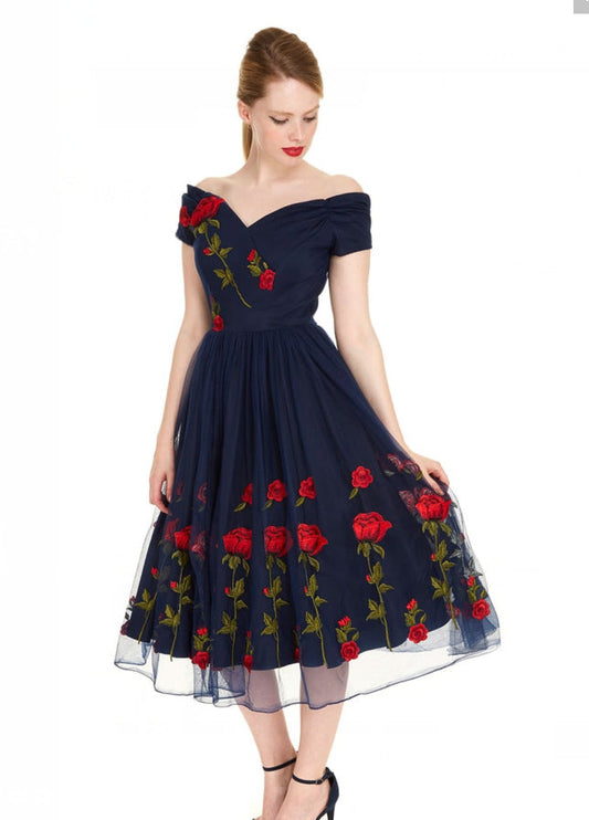 Tonval Rose Floral Embroidered V-Neck Elegant Party Dress Pleated Mesh Overlay Women Short Sleeve Vintage Summer Dresses