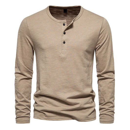 Solid Color Men's T-shirt Men's Bottoming Shirt Three-button Henley Neck Men's Long Sleeve T-shirt Top