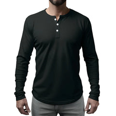 Solid Color Men's T-shirt Men's Bottoming Shirt Three-button Henley Neck Men's Long Sleeve T-shirt Top