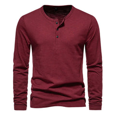 Solid Color Men's T-shirt Men's Bottoming Shirt Three-button Henley Neck Men's Long Sleeve T-shirt Top