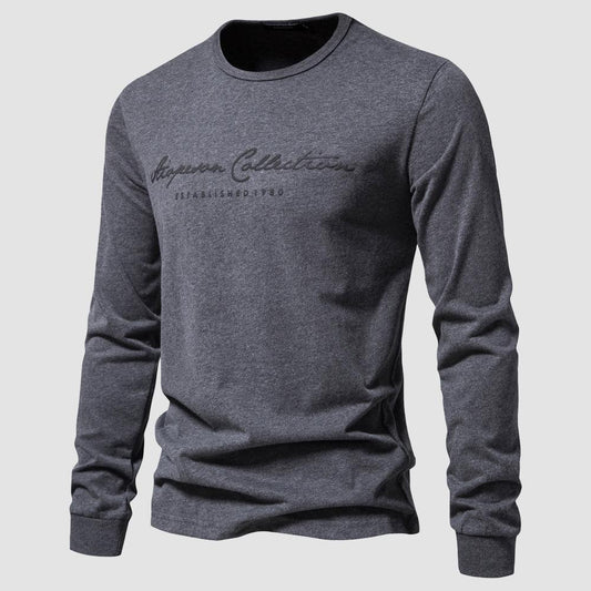 Men's Solid Color Casual Sports Round Neck Cotton Letter Printed Long Sleeve T-shirt