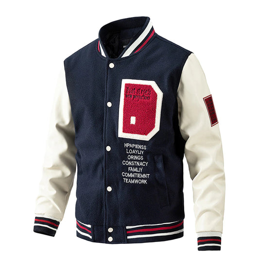 Wool PU Leather Insert Color Baseball Cotton Jacket American Men's Embroidered Splice Men's Wear