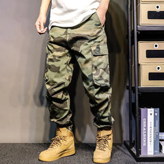 Multi-Pocket Tapered Cargo Pants with Camouflage Print