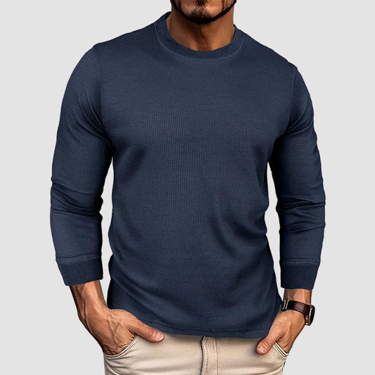 Men's Loose Round Neck Long Sleeve Waffle Basic T-shirt