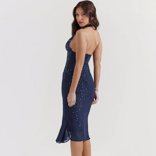 Sexy Neckholder-Kleid aus Netzstoff mit tiefem V-Ausschnitt für Damen 