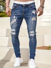 Slim Fit Ripped Jeans, Men's Casual Street Style Distressed Medium Stretch Denim Pants