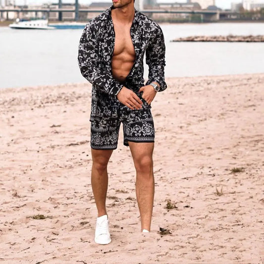 Men's Summer two Piece Suit Long sleeved Printed Shirts