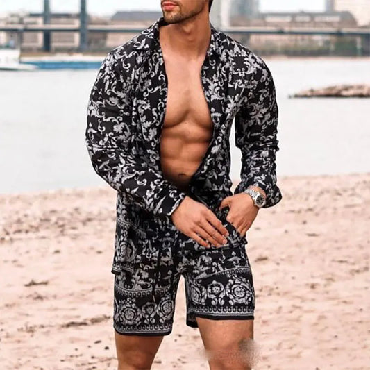 Men's Summer two Piece Suit Long sleeved Printed Shirts