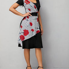 Short Sleeve Polka Dot Asymmetrical Neck Dress