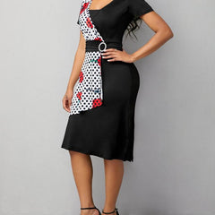 Short Sleeve Polka Dot Asymmetrical Neck Dress