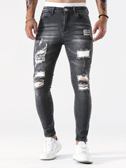 Slim Fit Ripped Jeans, Men's Casual Street Style Distressed Medium Stretch Denim Pants