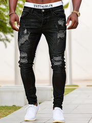 Slim Fit Ripped Jeans, Men's Casual Street Style Distressed Medium Stretch Denim Pants