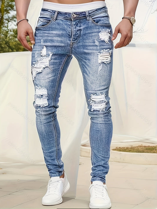 Slim Fit Ripped Jeans, Men's Casual Street Style Distressed Medium Stretch Denim Pants